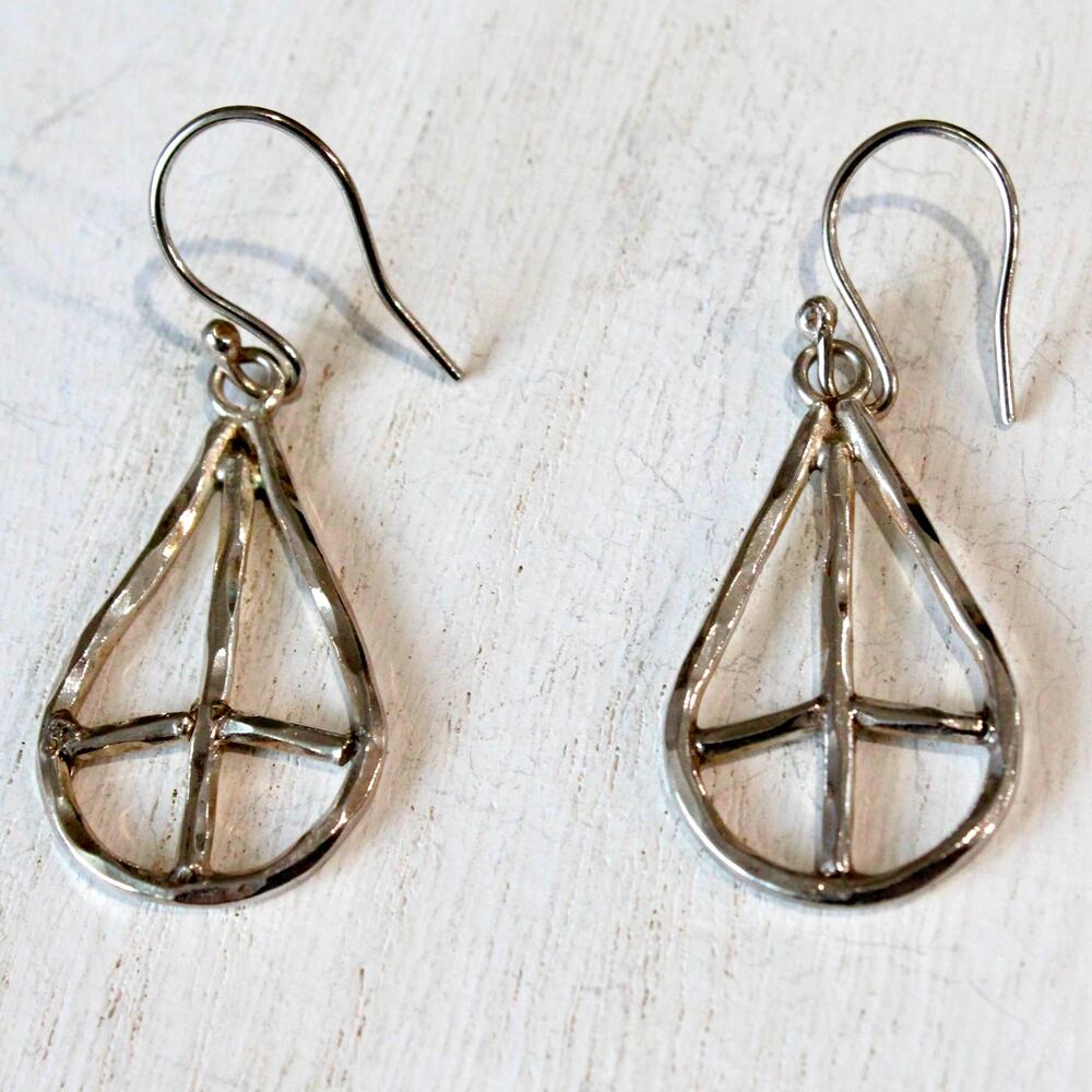 Artisan Sterling Silver 925 Teardrop Shaped Hammered Peace Sign Dangle Earrings